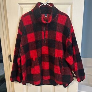 Old Navy Red and Black Buffalo Plaid Sherpa 1/2 zip Pullover, size XXL